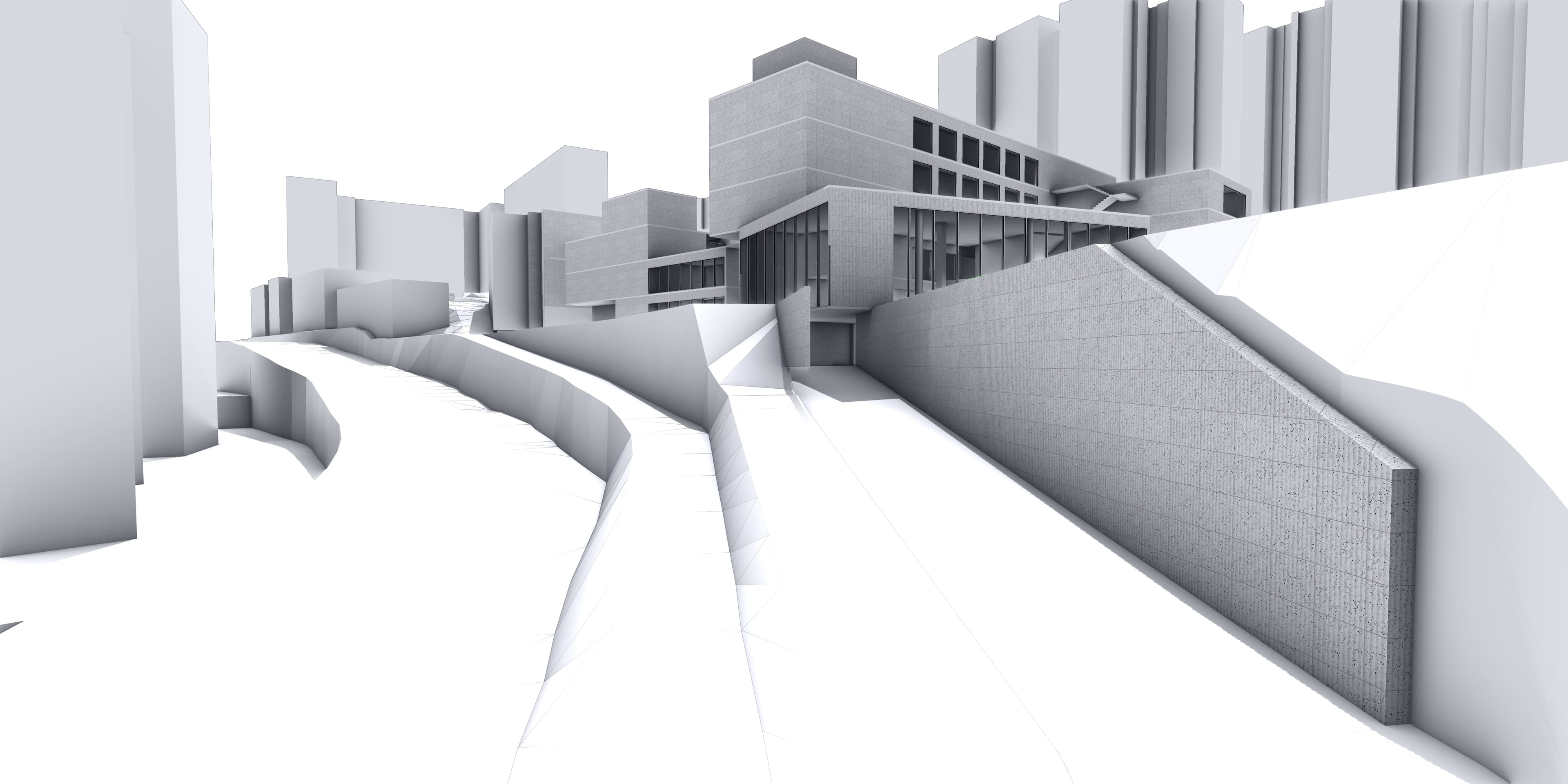 Bird's eye view. Massing on sloped site with retaining wall logic.