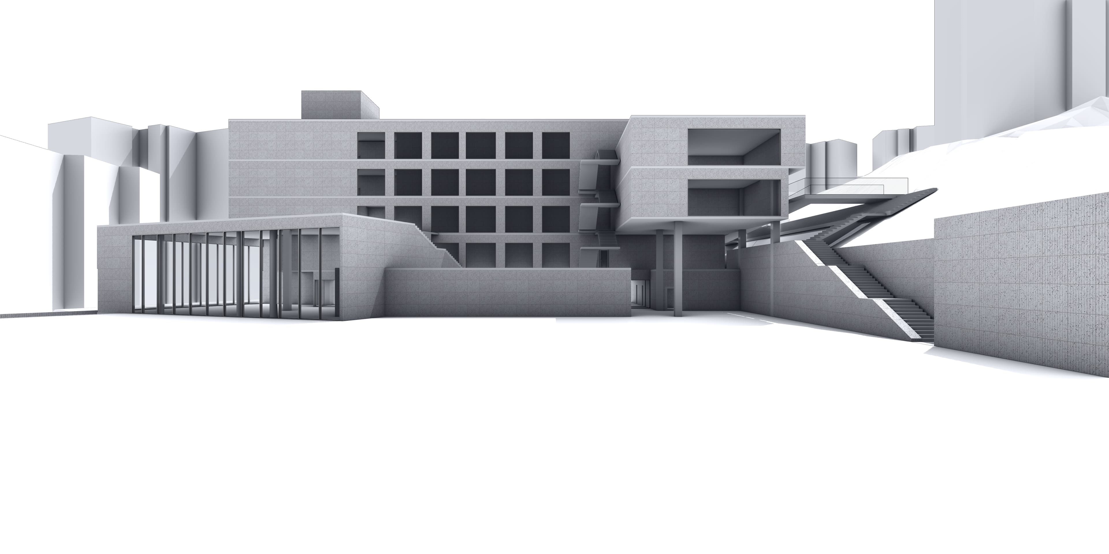 Front elevation. Classroom grid and entrance canopy articulation.