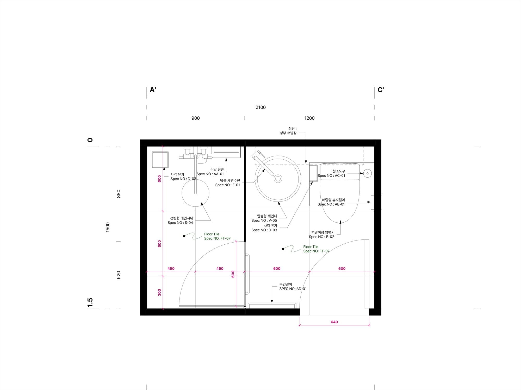 Plan, Private Bath 1,500×2,100. Every fixture carries its spec number.