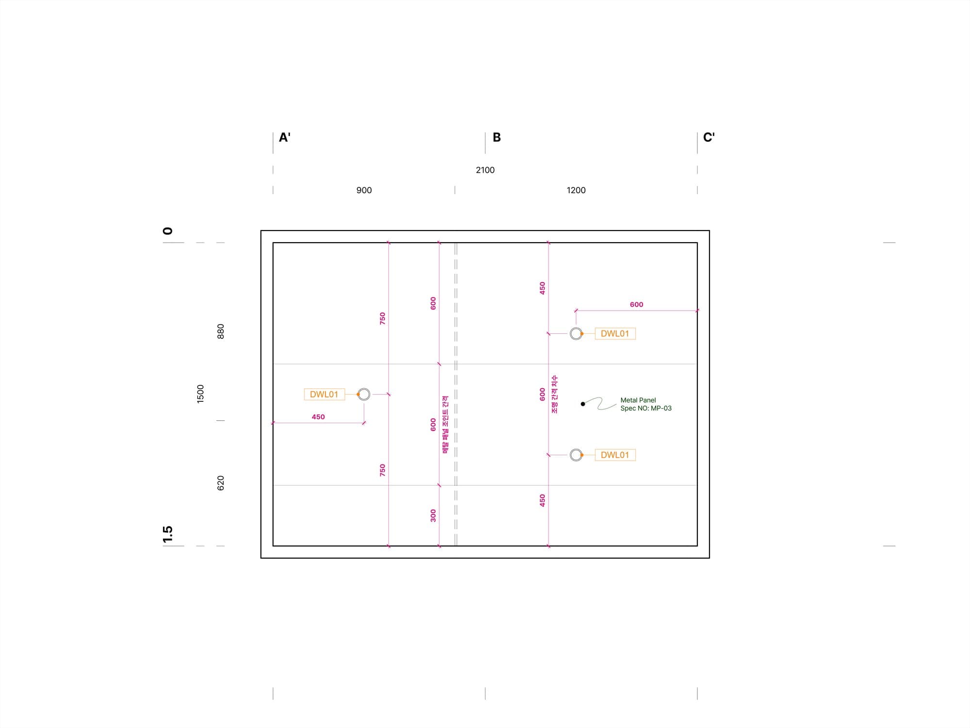 Reflected ceiling plan — downlight spacing and panel joints.