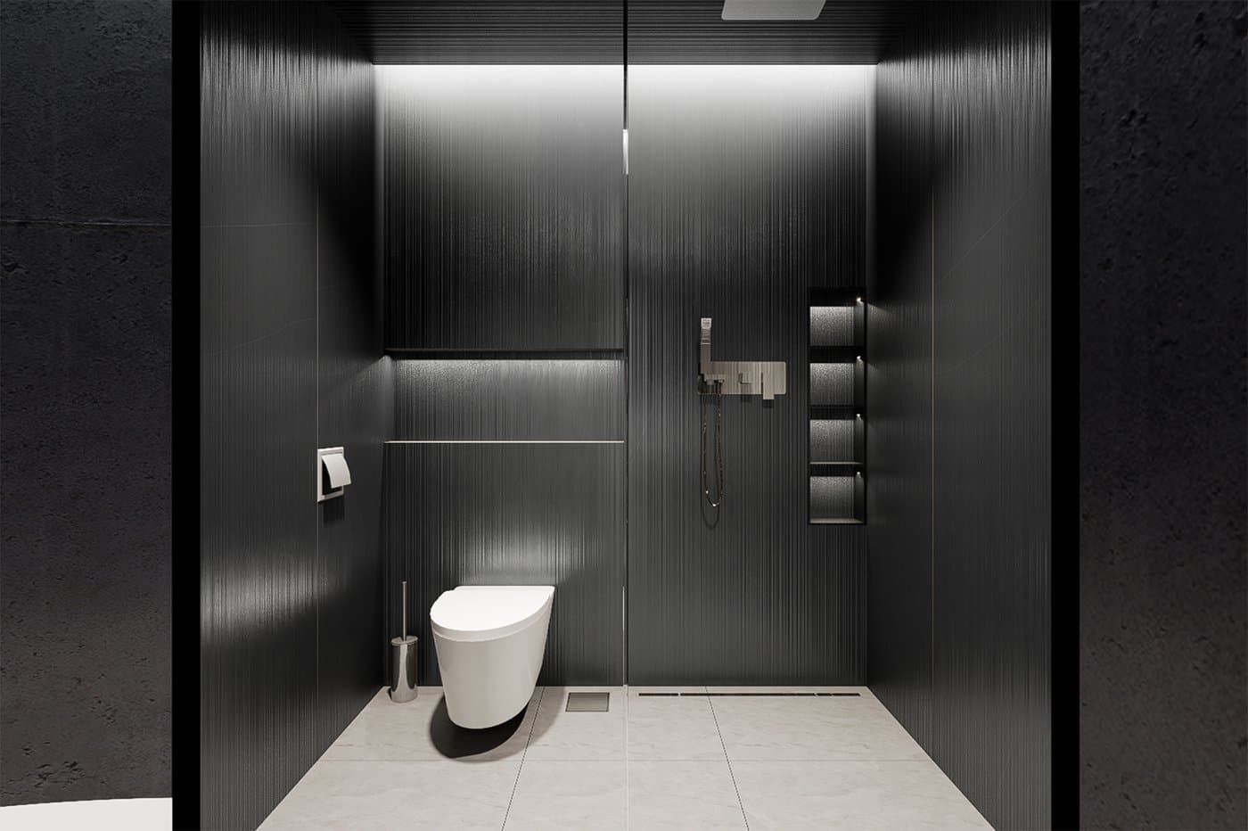 Toilet and shower zone, single wet floor.