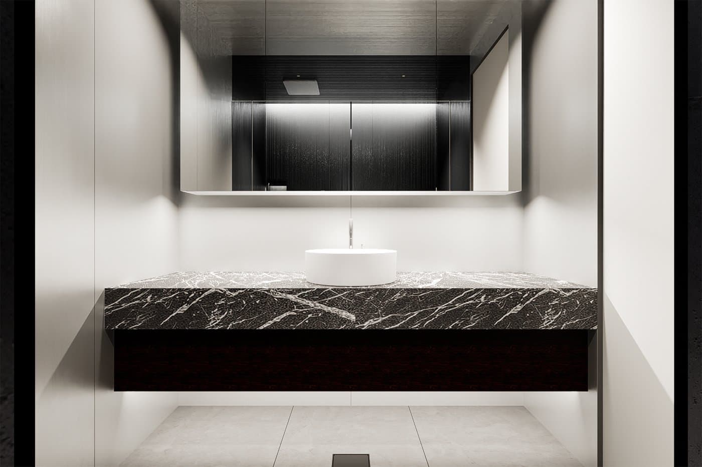 Basin zone — stone counter against hairline steel.
